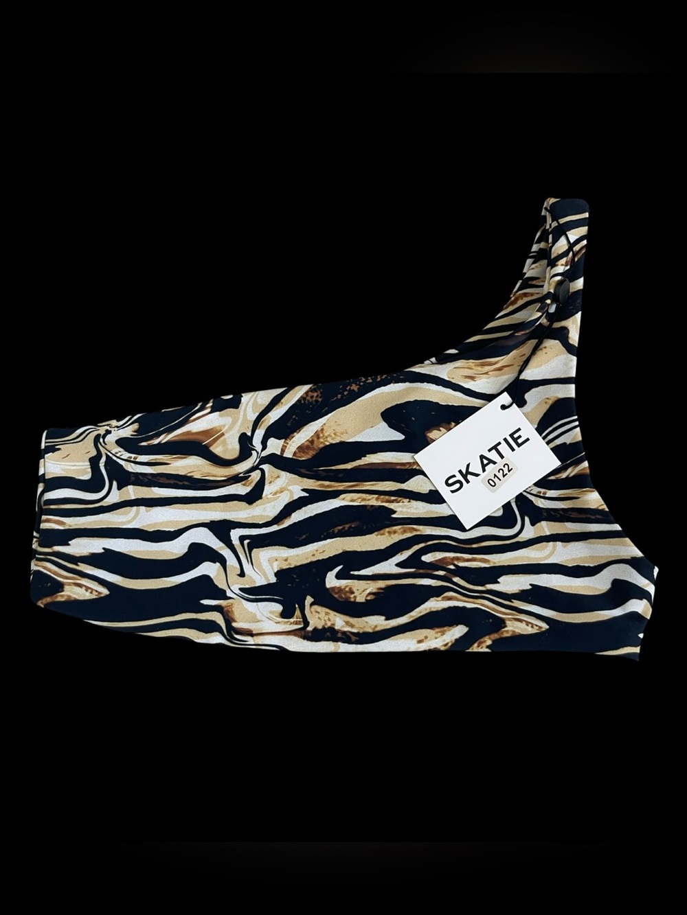 SKATIE Ellis One Shoulder Bikini Top Marble Zebra Print NWT S $72 Retail